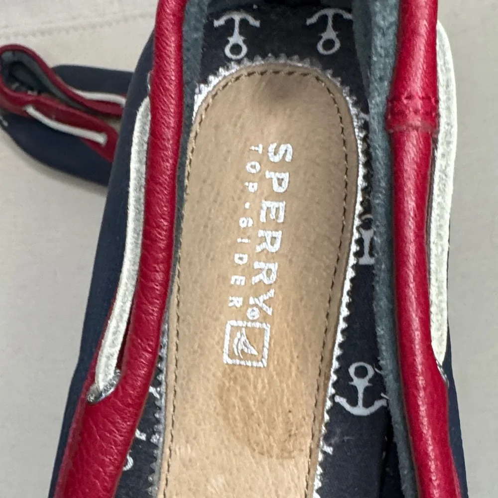 Sperry Nautical Red, White, and Navy Boat Shoes Leather Nautical sz8.5 - Picture 3 of 10